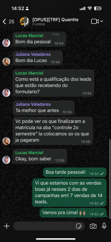 Print do WhatsApp: 7 vendas de 14 leads em 2 dias de campanha