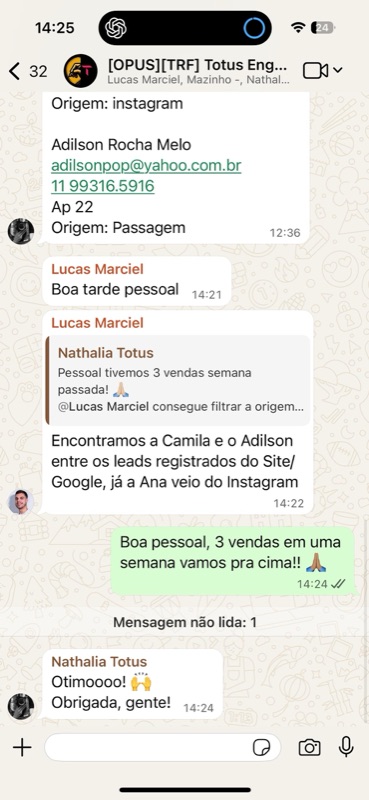 Print do WhatsApp: Nathalia da Totus celebrando 3 vendas na semana